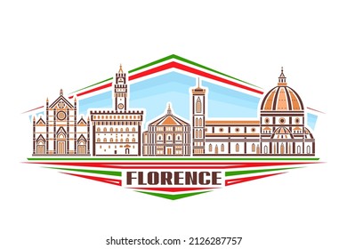 Vector illustration of Florence, horizontal sign with linear design famous florence city scape on day sky background, european urban line art concept with decorative lettering for brown word florence