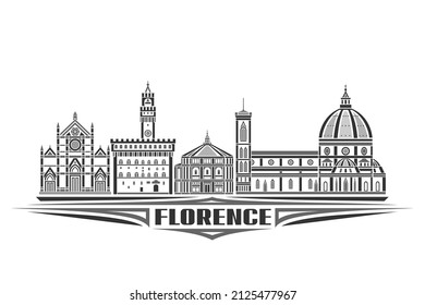 Ilustración vectorial de Florencia, afiche horizontal monocromo con diseño lineal célebre paisaje de florencia, concepto de arte de línea urbana con letras decorativas para florencia de palabra negra sobre fondo blanco