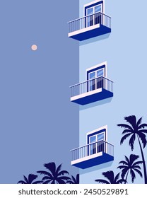 Ilustración vectorial. Florida. Diseño para póster, Anuncio, postal, portada. Cartel en la pared. Diseño minimalista. Casa, arquitectura, balcones, calle, palmeras. Turismo, viajes. Estilo de dibujos animados.