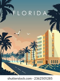 Vector illustration. Florida, USA. Coastline, city, buildings, palm trees. Design for poster, banner, packaging, advertising, travel card.