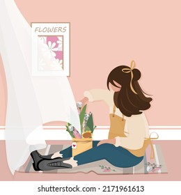 Vector illustration Florist girl in cozy room