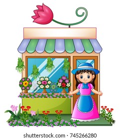 Vector illustration of Florist girl in the flower shop