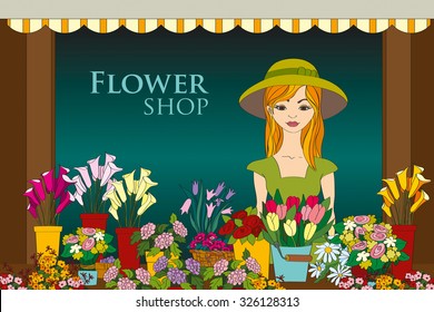 Vector illustration of florist girl in front of flower shop