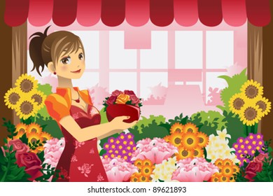 A vector illustration of a florist girl holding a pot of flowers in the flower shop