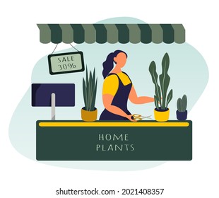 vector illustration. florist girl sells home plants in pots. flower shop. trend illustration in flat style for websites, magazines, applications