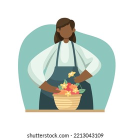 Vector illustration of a florist making up a bouquet. Profession. Flat style