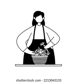 Vector illustration of a florist making up a bouquet. Profession. Line art