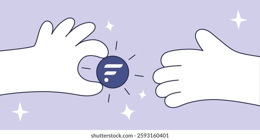 Vector illustration of a Flow Crypto Transaction Represented by Hands Sharing a Purple FLOW Cryptocurrency Token