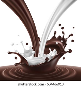 Vector Illustration Of A Flow Of Milk And Chocolate Created Ripple And Splash. Template For Packaging Milk Chocolate In A Realistic Style