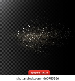 Vector illustration of a flow of sparkling golden sparks, glowing particles on a translucent dark background. Design element