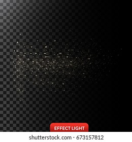 Vector illustration of a flow of sparkling golden sparks, glowing particles on a translucent dark background. Design element