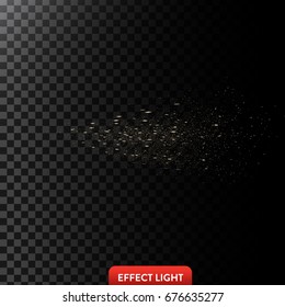 Vector illustration of a flow of sparkling golden sparks, glowing particles on a translucent dark background. Design element