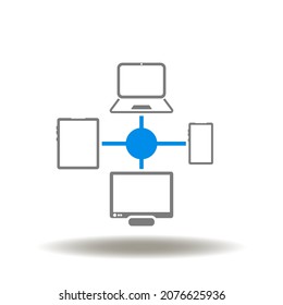 Ilustración vectorial del diagrama de flujo con laptop, tablet pc, computadora y smartphone. Símbolo de plataforma cruzada. Icono del desarrollo de software entre plataformas.