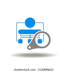 Ilustración vectorial del diagrama de flujo con amplificador. Signo de diagrama de bloques y lupa. Símbolo de táctica, estrategia. Icono de análisis de datos.