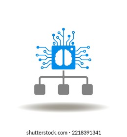 Vector illustration of flowchart with processor and brain. Icon of AI Web Network. Symbol of artificial intelligence computing tech.