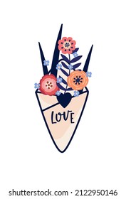Vector illustration of a flower arrangement in an envelope. For Valentine's Day. Poster for the interior, postcard, congratulation. In hand-drawn style