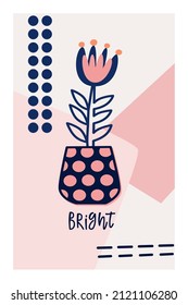 Vector illustration of a flower arrangement in pastel colors. Flowers with a flower pot and lettering composition. For Valentine's Day. Poster for the interior, postcard. In hand-drawn style