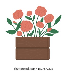 Vector Illustration Of Flower Bed. Garden Decorative Wooden Case Flowerbed With Roses. Beautiful Spring And Summer Plants, Herbs And Flowers