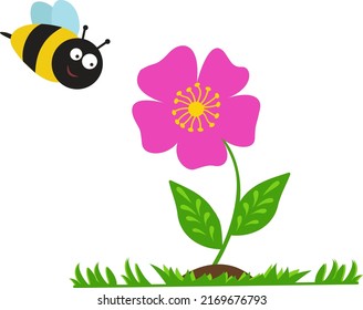 Ilustración vectorial con una flor y una abeja. Cuidada ilustración infantil. Se utiliza para libros y revistas infantiles, decoración de habitaciones para niños, marketing, publicidad, aplicaciones web y diseño.