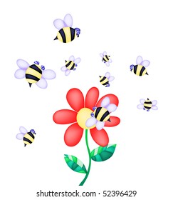 Vector illustration of flower and bees on a white background