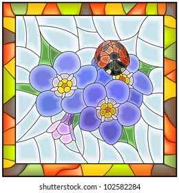 Vector illustration of flower blue forget-me-not with ladybird stained glass window with frame.