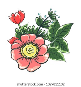 Vector illustration of flower bouquet. Color drawing of plants. Isolated objects of floral theme