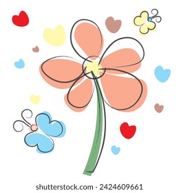 Vector illustration with flower, butterflies and hearts in pastel colors and rough ornamental lines. Pastel colors outside the boundaries of the object, butterfly, hearts, flower. Beautiful, cute, art