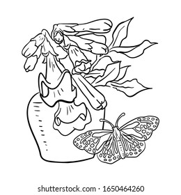 Vektorillustration Illustration Blume mit Butterfly-Linienzeichnung