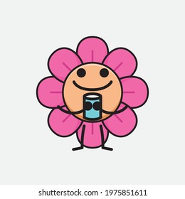 Vector Illustration of Flower Character with cute face, simple hands and leg line art on Isolated Background. Flat cartoon doodle style.