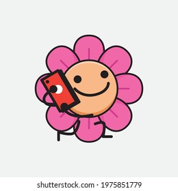 Vector Illustration of Flower Character with cute face, simple hands and leg line art on Isolated Background. Flat cartoon doodle style.
