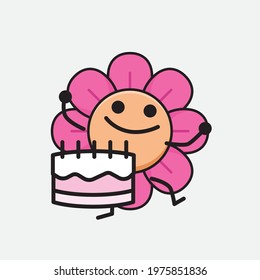 Vector Illustration of Flower Character with cute face, simple hands and leg line art on Isolated Background. Flat cartoon doodle style.