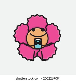 Vector Illustration of Flower Character with cute face, simple body line drawing on Isolated Background.