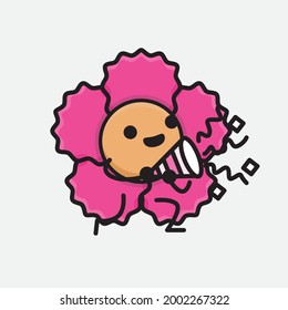 Vector Illustration of Flower Character with cute face, simple body line drawing on Isolated Background.