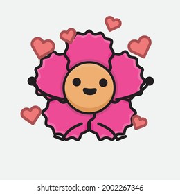 Vector Illustration of Flower Character with cute face, simple body line drawing on Isolated Background.