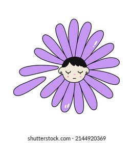 Vector illustration of a flower character with a cute sad face. Pensive flower icon with purple petals on a white background