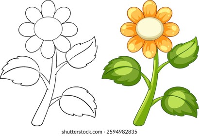 Vector illustration of flower with colored and outline versions displayed