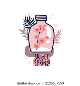 Vector illustration of a flower composition in pastel colors. Flowers with vase and lettering composition. For Valentine's Day. Poster for the interior, postcard, congratulation. In hand-drawn style