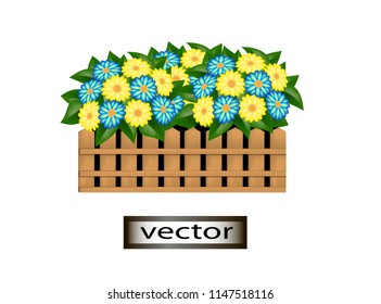 Vector illustration of a flower container made of wooden boards with blue and yellow flowers for home and garden decoration.