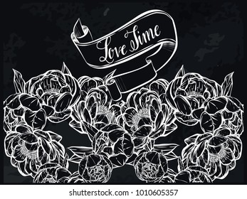 Vector illustration. Flower decoration of peonies, prints on T-shirts, background chalkboard. Handmade