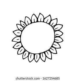 Vector illustration. Flower element. Cute single sunflower with small petals isolated on white. Hand drawn simple summer doodle clipart. Perfect for fabric, textile, postcards, children projects.