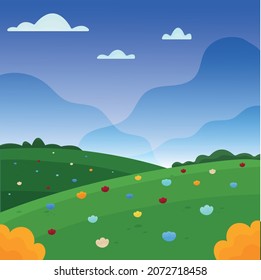 Vector illustration of a flower field. Blue sunset and clouds floating across the sky.