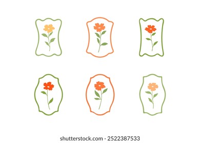 Ilustração vetorial de flor com quadro em estilo simples desenhado à mão e linocut. Ilustração vetor de contorno simples para cosméticos, cartão postal e padrão.