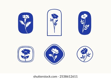 Ilustração vetorial de flor com quadro em estilo simples desenhado à mão e linocut. Ilustração vetor de contorno simples para cosméticos, cartão postal e padrão.