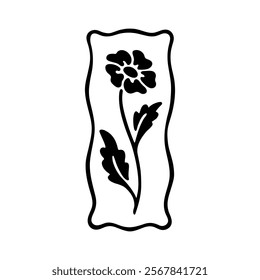 Vector illustration of flower with frame in simple hand drawn and linocut style. Simple contour vector illustration for cosmetics, postcard and pattern.