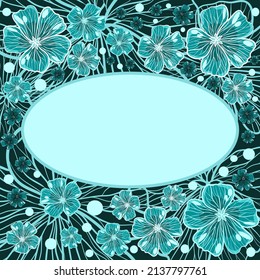 Vector illustration with flower frame with turquoise flowers in doodle style 