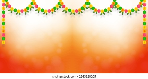 Vector illustration of Flower garland decoration toran with beautiful bokeh background. can be used for South India festival Happy Diwali, Pongal, Onam and etc.. Holiday background