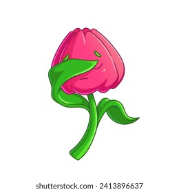 Vector illustration of a flower with a gesture of facepalm in cartoon style. A cute character who covered his face with his hand. Tulip sticker for social networks.