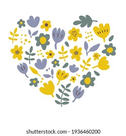 Vector illustration of a flower heart in flat style. Hand drawn blue and yellow flowers for spring and summer design.