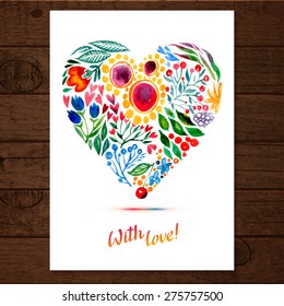 Vector illustration of flower heart frame. Multi?olor floral drawing watercolor. Card design for Valentine's Day or weddings. Spring or summer design for invitation and greeting cards