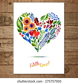 Vector illustration of flower heart frame. Multi?olor floral drawing watercolor. Card design for Valentine's Day or weddings. Spring or summer design for invitation and greeting cards